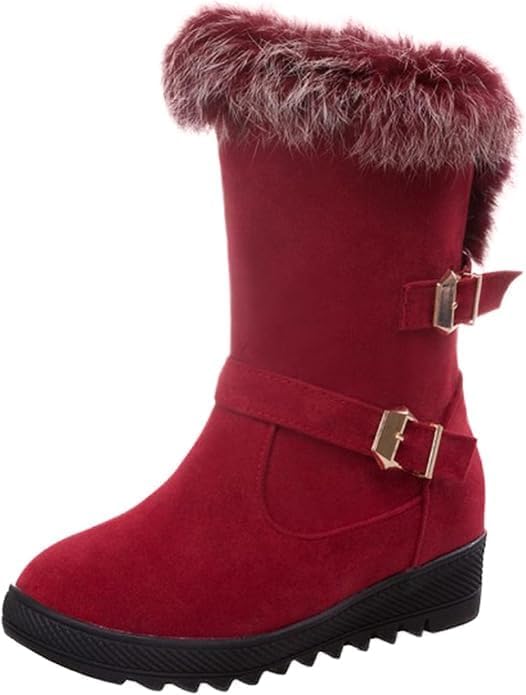 Winter Boots for Women Fur Lined Warm Wide Calf Boots Cozy Chunky Bottom Mid Heels Short Boots For Christmas