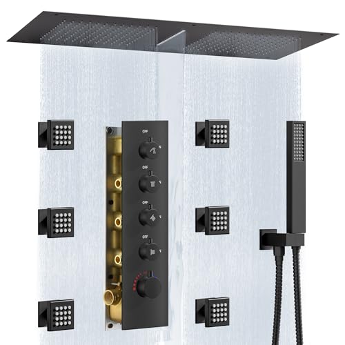 JetsBath Luxury Dual-Zone Rain & Waterfall Shower Head for 2-Person, Matte Black Thermostatic Shower System with 32-Inch Flush Mount Shower, Full body Shower Faucet Set with Handheld Sprayer & 6 Jets