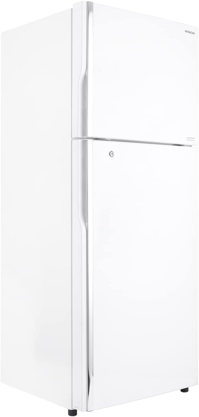 Angled front-side view of the Hitachi R-V470PS8K PWH refrigerator.