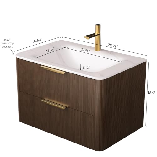Image of 30 inch Wall-Mounted Bathroom Vanity Cabinet with Sink, Walnut