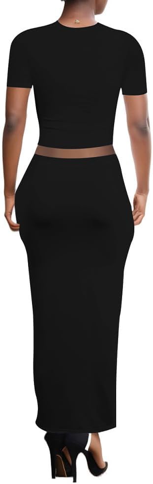 PINSV 2 Piece Outfits For Women Sexy Dress Short Sleeve Crewneck Crop Top Maxi Bodycon Dress Long Skirt Set Casual Dresses-Black-L