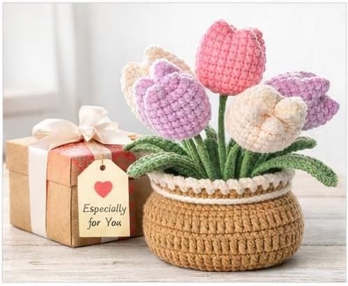 Handmade Crochet Tulip Flowers in Pot, Pink and Purple Decorative Artificial Plant with Adjustable Stems, Home Decor Gift image 4