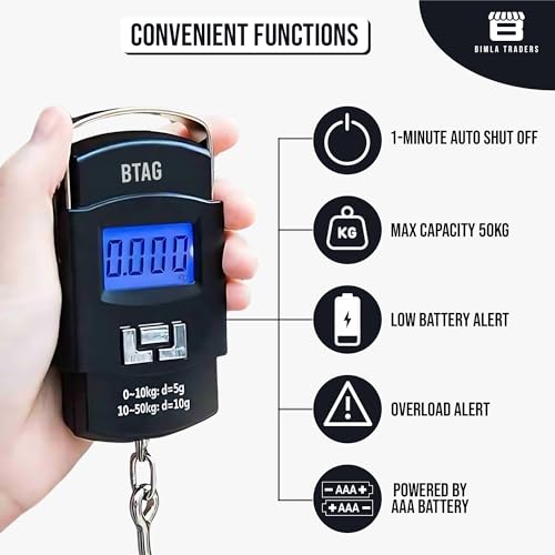 Image of Btag Portable Electronic Luggage Weighing Scale | 50kg /110Lb Digital Handheld Travel Weight Scale with LED Display | Compact & Durable Suitcase /Baggage Weight Checker for Home- Pack of 1(A08)