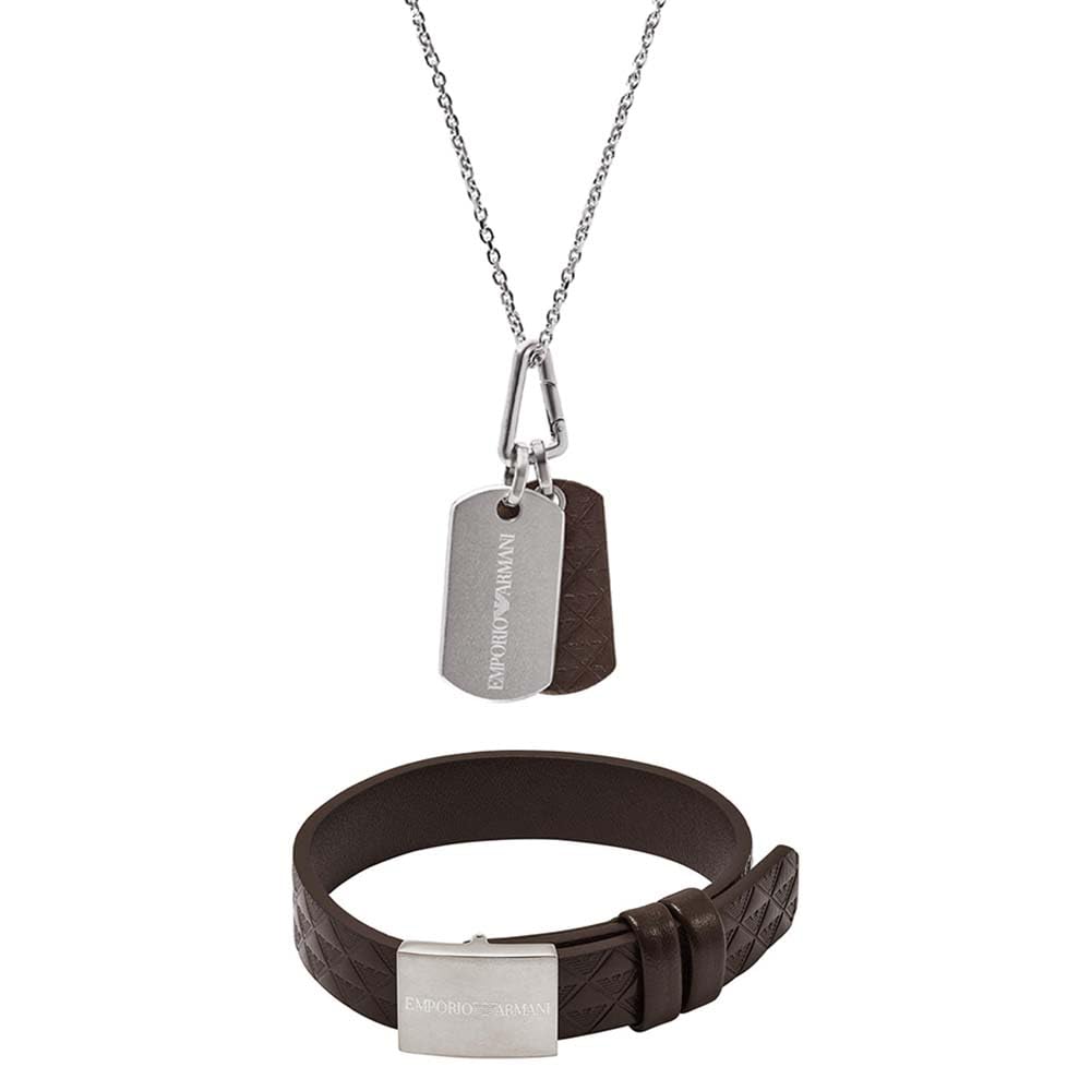EMPORIO ARMANI Collana e Bracciale da Uomo in Acciaio Inossidabile Argento e Pelle, Set