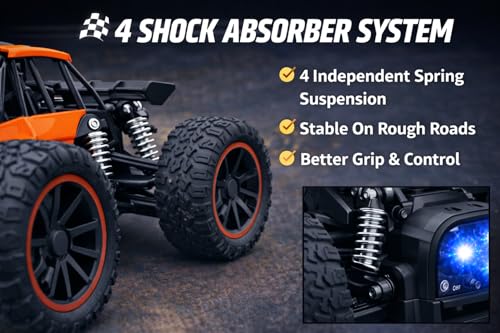 Image of TEC TAVAKKAL Premium RC Metal Off-Road Car with Mist Spray | Rechargeable 2WD | 20 km /h Speed | Type-C Charging | Gun Remote | 150+ Feet Range (Orange)