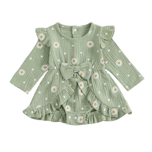 Toddler Baby Girls Fall Romper Set Crew Neck Long Sleeve Daisy Print Dress Bow Detail Ruffled Trim Headband