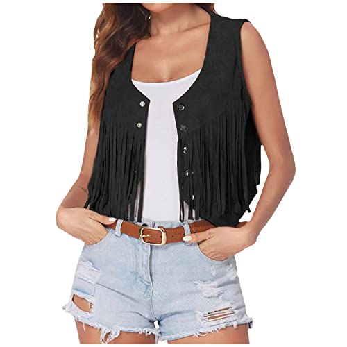 Fringe Cardigan Sleeveless Faux Sedue Edgy Vests Hippie Cowgirl Hiking Climing Outfits for Teen Girl Trendy