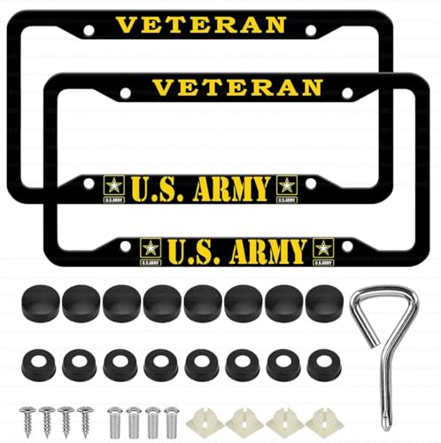 Image of 2PCS License Plate Frames for Veteran U.S.Army,Car License Plate Bracket Holder, Premium Aluminum Alloy Weather Proof License Plate Covers with Screw Caps Cover Set Car Accessories