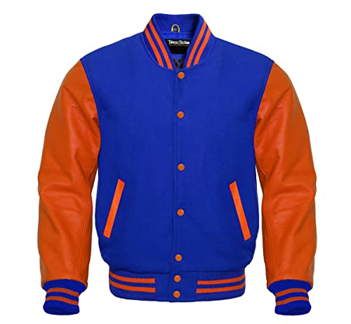 Faneca Fashion Men's Classic Letterman Baseball Wool & Genuine Orange Leather Sleeves Varsity Jacket (US, Alpha, XX-Large, Regular, Regular, Royal Blue - Orange)