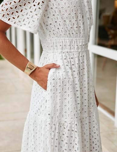 ZESICA Women's 2025 Summer Short Sleeve Maxi Dress Casual V Neck Hollow Out Eyelet Ruffle Swing A Line Long Dresses4