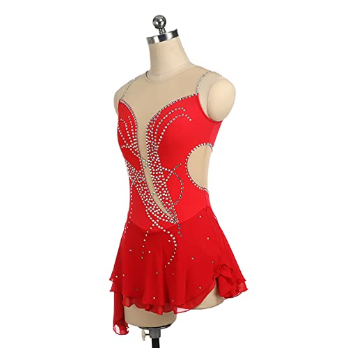 kzytamz Vestido de patinação artística no gelo feito à mão feminino elastano vermelho sem mangas str