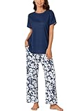 Rooscier Women's Pajamas Set Short Sleeve Crewneck Shirt Top With Long Pants Sleepwear Dark Blue Small