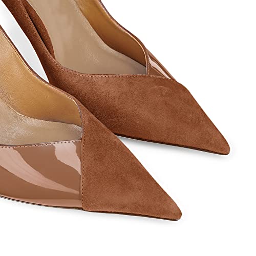 Coutgo Suede And Patent Women's Pumps Brown Closed Toe High Heels Pointed Toe Stiletto Dress Shoes #TOP2