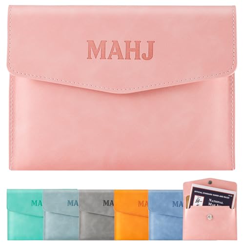 PU Leather Mahjong Card Holder, Magnetic Snap Closure, Fits Standard Mahjong Tile Cards & Accessories, Portable Travel Card Organizer for Game Night, Great Mahjong Gift for Women and Men (Light Pink)
