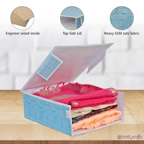 Image of PRETTY KRAFTS Stackable Fabric Saree Storage Organizer for wardrobe, Clear front window with Lid, Stackable organizers, Perfect to organize sarees in a wardrobe, Set of 3, JuteBlue