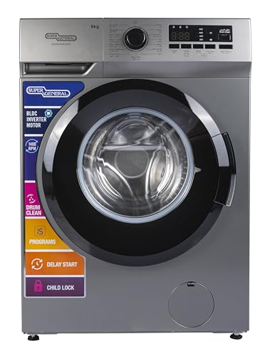 Super General 8 Kg Front Load Washing Machine SGW8250NLEDS, Inverter Motor, 1400 RPM, 15 Programs, Energy Saving, LED Display, 85x47.5x59.5 cm (WxDxH), Silver, 10 Year Motor Warranty