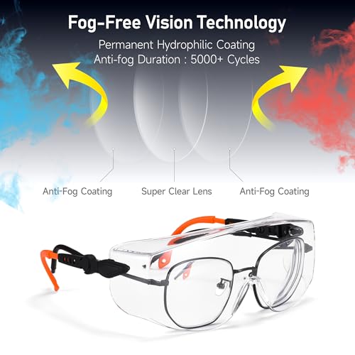 Safeyear Over-Glasses SG009 Work Glasses Safety Goggles Eyewear Eyeglasses for Eye Protection with Clear Plastic Lenses and Adjustable glasses cord for Comfortable Fit，for Welding Grinding Chemical