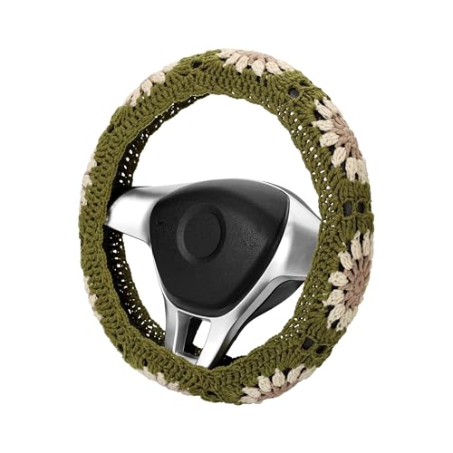 14-15 Crochet Sunflower Steering Wheel Cover Set Vintage Handmade Sunflower Seat Belt Cover Boho Car Interior Accessories Decoration for Women (HZYZW08 A Wheel Cover)