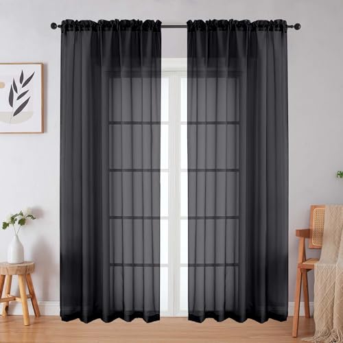 WelvetBLK Black Sheer Curtains 84 Inches Long 2 Panels Set for Bedroom Living Room, Soft Airy Light Filtering Modern Solid Rod Pocket Drapes Window Treatments, Black, Each 59" W x 84" L