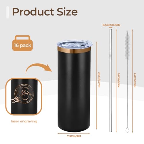 16 Pack Rose Gold Plated Stainless Steel Tumbler Straight Double Wall Powder Coated for Laser Engrave, 20oz Black to Bronze