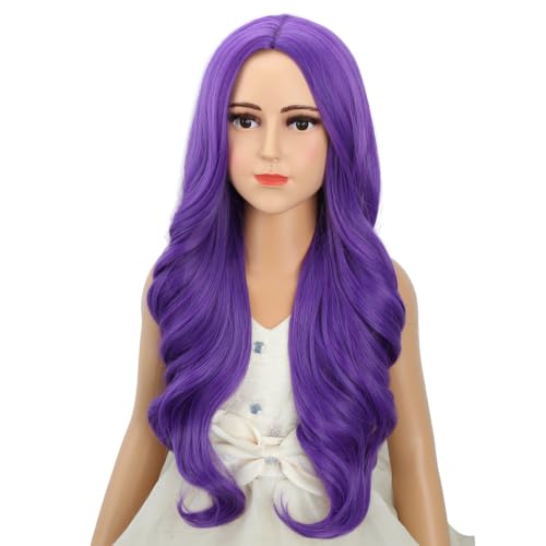 Image of Child Dark Purple Wig Girls Long Deep Purple Wavy Curly Wig Kid Middle Part Wigs Heat Resistant Synthetic Wigs with Cap