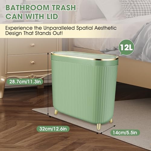 Image of VZZNN 2 Pack Bathroom Trash Can with Lid,3.2 Gallon Slim Garbage Can with Pop-Up Lid Small Waste Basket for Bedroom,Living Room,Office,Dog Proof,Green