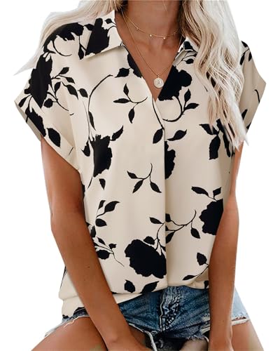 Gaharu Women's Summer Work Blouse V Neck Short Sleeve Lapel Shirt Top Tunic2