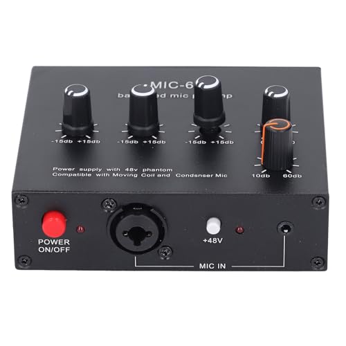 Microphone Preamp, Mic Gain Booster with 3.5mm, 6.5mm, and XLR Inputs Balanced Output, 60db Gain, 48V Phantom Power, for Any Condenser Microphone Music Recording Equipment
