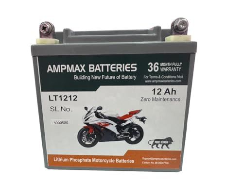 Image of AMPMAX LT1212 9lb size Lithium Phosphate Motorcycle Battery | 12Ah | Zero Maintenance | 36-Month Warranty | For Motorcycles