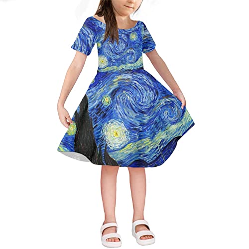 Howilath Vestido de princesa informal de manga corta para el verano, cómodo y transpirable, con notas musicales de flores para conejo, aguacate, Van Gogh Noche estrellada, 8 Años Cover