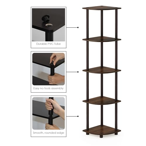Image of Furinno TURN-N-TUBE Corner Shelf Set of 2, 5-Tier Corner Bookshelf, Open Storage Shelves, for Organization and Storage, Living Room, Home Office, Garage, Walnut
