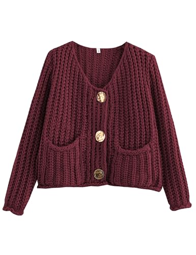 Image of Zhiyouni Women's Cropped Cardigan Sweater Long Sleeves Button Down Chunky Knitted Coat(WineRed-L)