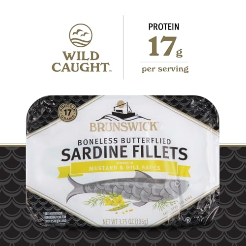 Image of Brunswick Sardines in Mustard & Dill Sauce, 3.75 oz Can (Pack of 12) - Boneless Butterflied Sardine Fillets - Wild Caught - 17g Protein per Serving - Gluten Free, Keto Friendly