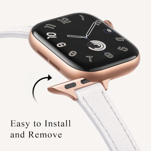 Image of STIROLL Slim Leather Bands Compatible with Apple Watch Band 38mm 40mm 41mm 42mm(Series 11 10), Top Grain Leather Watch Thin Wristband for iWatch SE 9 8 7 6 5 4 3 2 1 (White Rose Gold)
