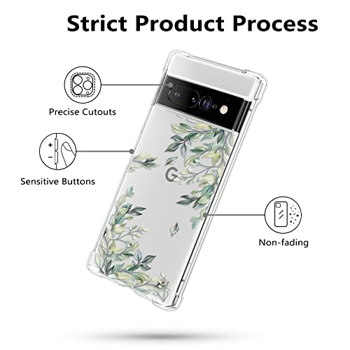 Raleavo Floral Case For Google Pixel 7 Pro,Clear Leaves Case Slim Cute Cover For Girls Women,Transparent Soft Tpu Bumper Protective Case With Reinforced Corners,Green Leaves #TOP4