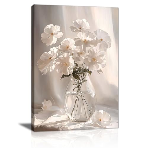 Cadre en Bois Blanc Fleurs S'épanouissant au Soleil Impression sur Toile, Élégant Blanc Floral Tableau Image sur Toile Fleurs épanouies Tableau Decoration Murale...