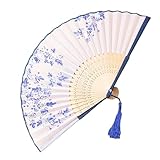 ZHIZHUO 扇子 夏 和風扇子 レディース 竹製工芸品扇子 猛暑対策 お祭り 人気 道具扇子 布 花火 和装 インテリア 着物 浴衣 花柄 小物 飾り (青い 白)