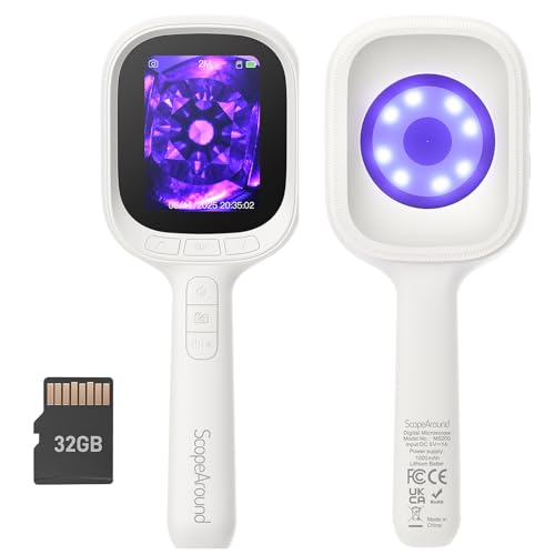 ScopeAround Digital Microscope, Autofocus Handheld Microscope, Magnifier with 2.8" IPS Screen and LEDs, Portable Magnifying Glass, 32 GB MicroSD Memory Card, Compatible with Mac/Windows
