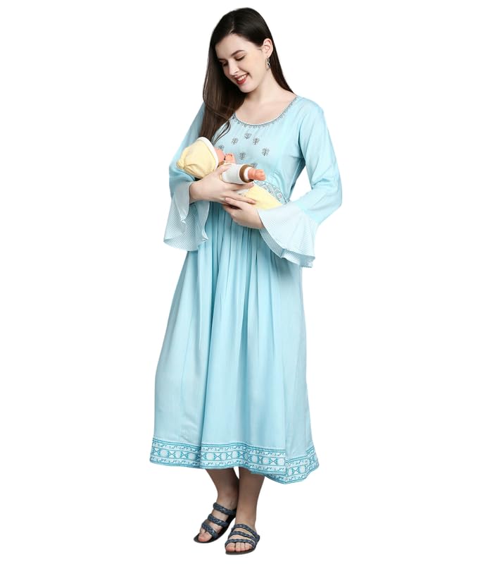True Shape Maternity Dresses for Women Cotton | Stylish Feeding Anarkali Kurta with Dual Nursing Zippers in Viscose Rayon for Pre & Post Partum(TSEF-228-XL, Sky Blue)
