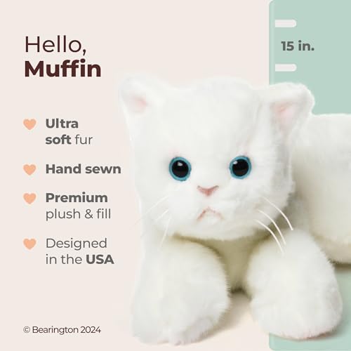 Image of Bearington Muffin White Cat Stuffed Animal - 15 inch Realistic White Cat Stuffy with Soft Plush Fur and Floppy Body - Adorable Stuffed Kitty Cats for Girls - Gift for Kids, Toddlers and Kitten Lovers