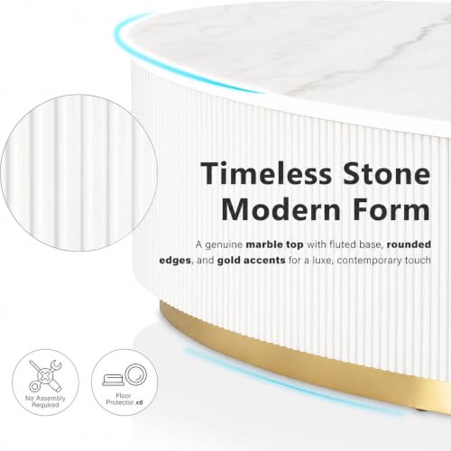 Image of Luxury Oval White Coffee Table with Nano Composite Marble-Look Top & Gold Base, Waterproof Plywood, Contemporary Center Table with Ribbed Fluted Design for Living Room & Home Decor