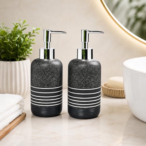 Image of MARKET 99 Grey Polyresin Soap Dispenser Pack of 2 (285 ml Each) | Matte Liquid Soap & Lotion Holder | Round Ribbed Bathroom Countertop Accessory for Vanity, Wash Basin & Hand Wash