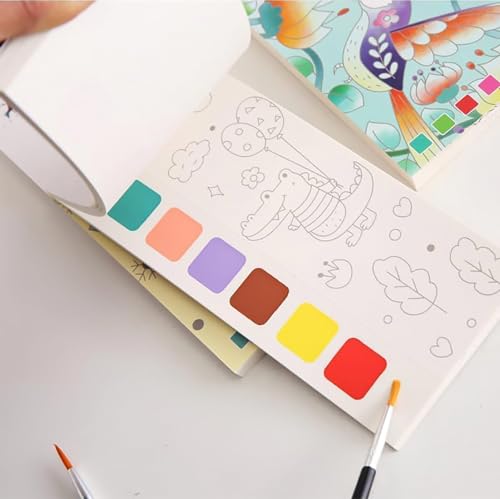 Image of GLUN Pack of 4, Watercolour Painting Notepad for Kids 12 Different Pages Each Book, Water Painting Book with Water Colour with Painting Brush, Different Theme