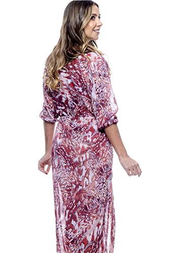 Vestido Saida Longa Fendas Mangas Bufantes Decote V Estampado Animal Print Verm Tam:Único