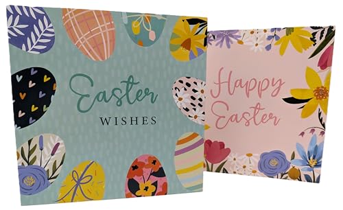 8 Happy Easter Cards with Envelopes Colourful Easter Egg & Spring Flowers Designs Premium Quality 210 GSM Cardstock 12x12cm Ideal for Family Friends & Colleagues Designed in the UK