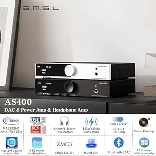 SMSL AS400 MA5332MS Power Amplifier CS43131 165W x 165W DAC Headphone Amp, USB/Coax/Opt/HDMI ARC/RCA/Phono Input 2.1 Channel Speaker/Subwoofer 4.4mm/6.35mm Headphone Output, MQA DAC Class D Amplifier