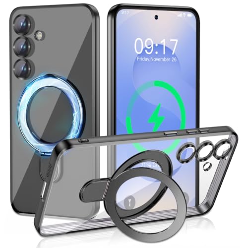 Image of Magnetic Stand & Full Camera Lens Protector Case for Samsung Galaxy S25 [Compatible with MagSafe][Military Drop Protective] Not Yellowing Clear Slim Soft S25 Phone Case for Women Men,Black