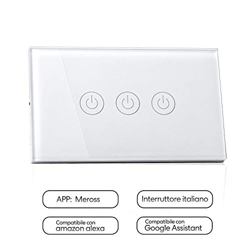 Meross Interruttore WiFi Domotica con Alexa, Smart Interruttore con Google Home Parete Italiana, Facile da Installare, 1/2/3 Gang Pannello Touch Led Antiurto, Timer, App Controllo Remoto