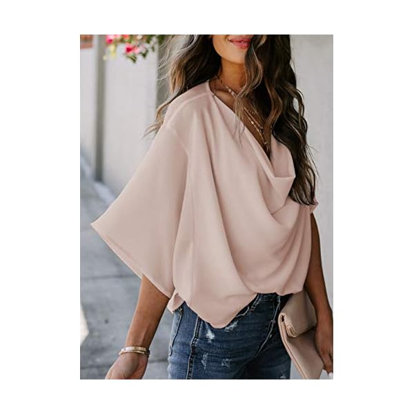 HOTAPEI Womens Blouses and Tops for Work Fashion Casual Summer Short Sleeve Wrap V Neck Draped Front Office Blouses Loose Fit Tops Shirts Apricot