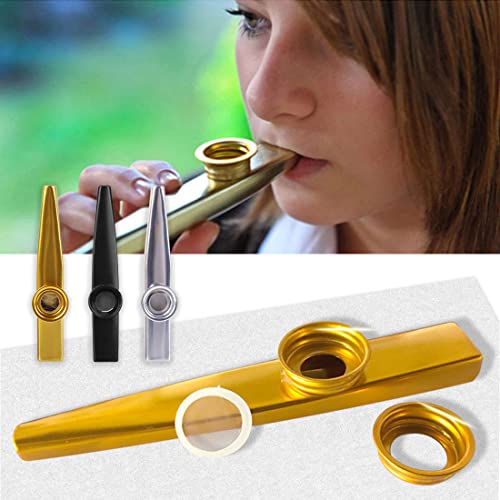 ZZHBOO 3 Stück Metall Kazoo, Kazoo Percussion Instrument, Vorschulspielzeug, Musikgeräte, Aluminium, Schwarz, Silber, Gold, 10 Flötenmembranen
